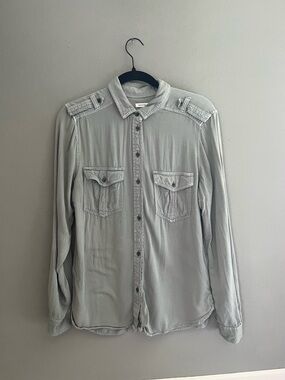 American Eagle Boyfriend Fit Muted Gray Green Button Down Utility Shirt Medium
